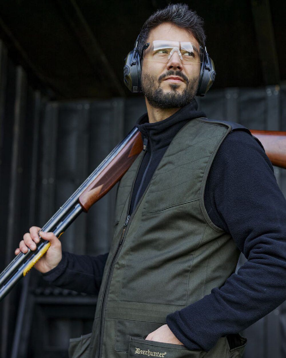 Timber coloured Deerhunter Atlas Shooting Waistcoat on blurry background