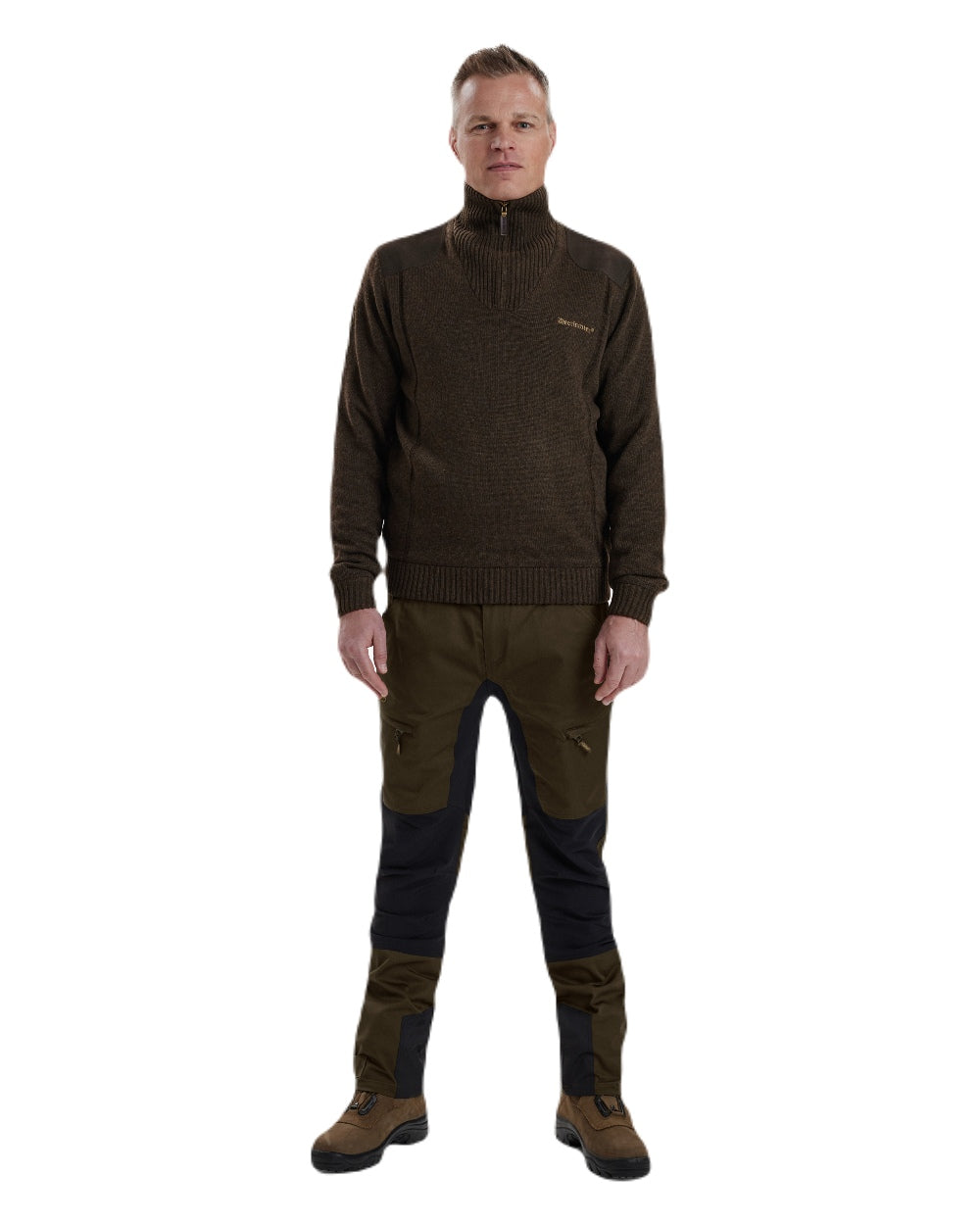 Dark Elm coloured Deerhunter Carlisle Knit with Stormliner Zip Neck Sweater on white background