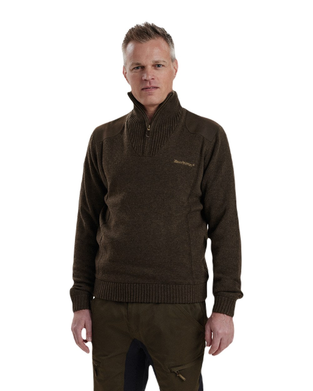 Dark Elm coloured Deerhunter Carlisle Knit with Stormliner Zip Neck Sweater on white background