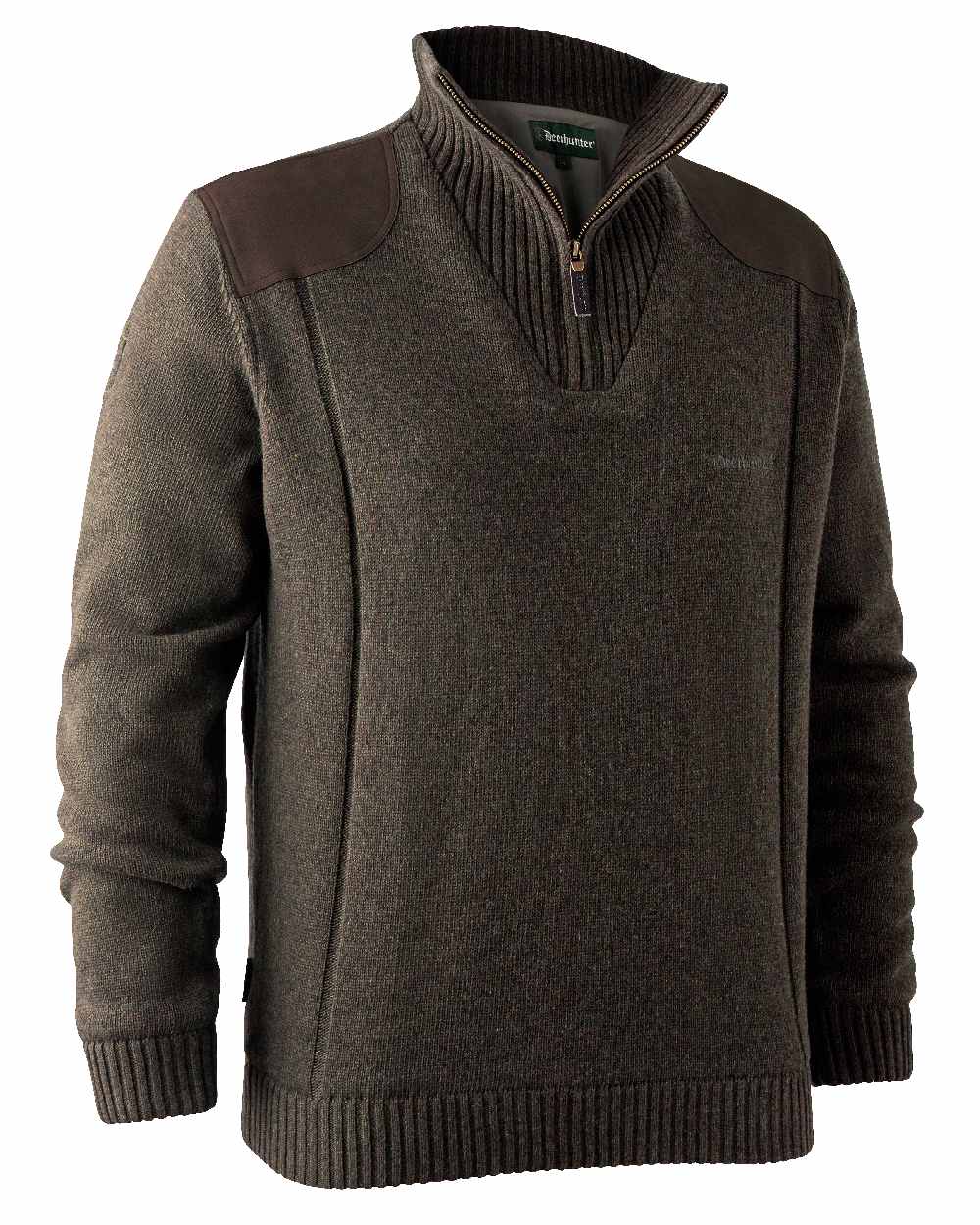 Dark Elm coloured Deerhunter Carlisle Knit with Stormliner Zip Neck Sweater on white background