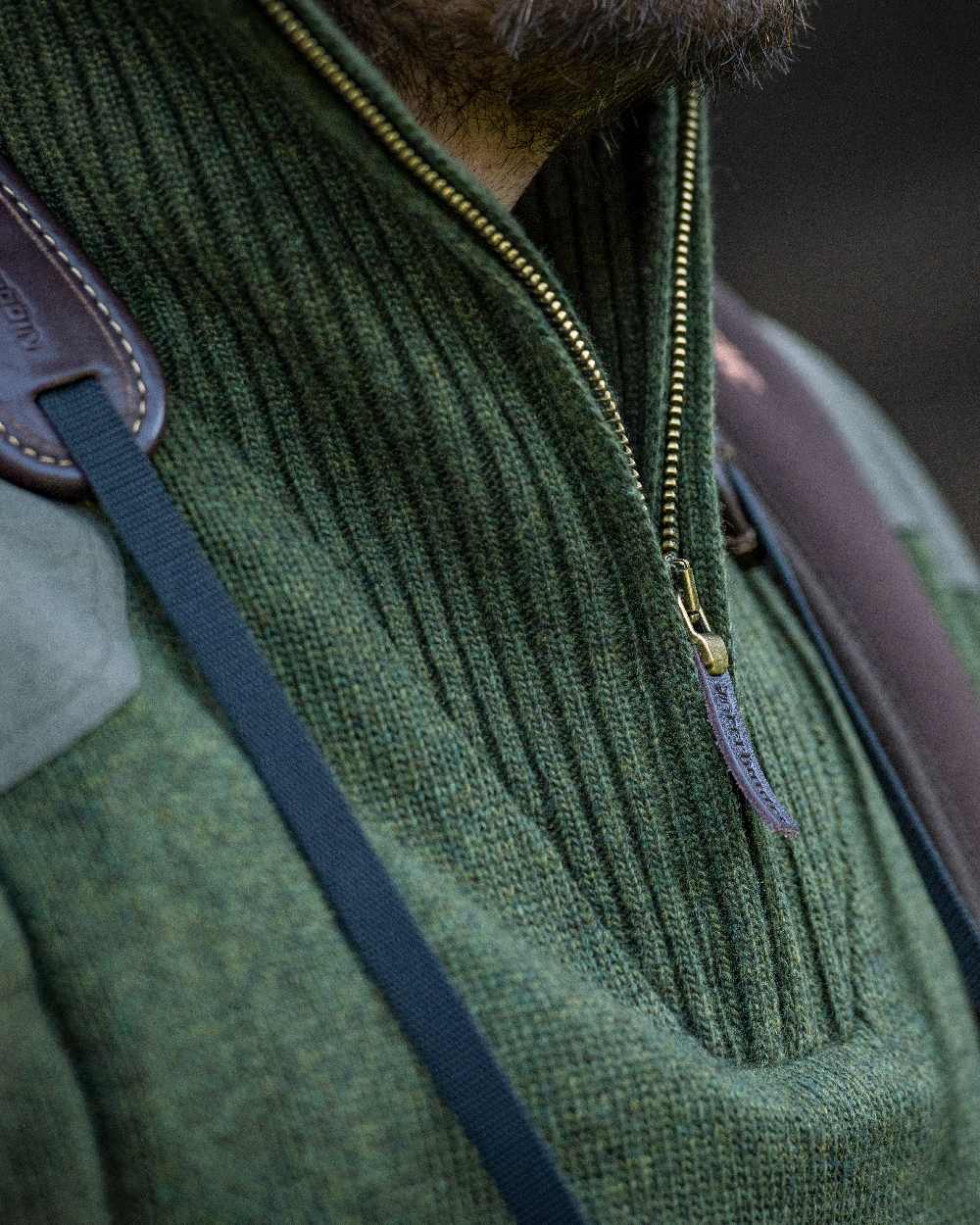 Green Melange coloured Deerhunter Carlisle Knit with Stormliner Zip Neck Sweater on blurry background