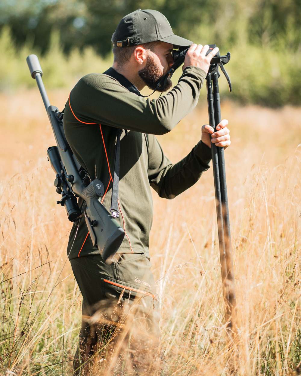 Forest Green Coloued Deerhunter Chamois Long Sleeve T-Shirt on forest background