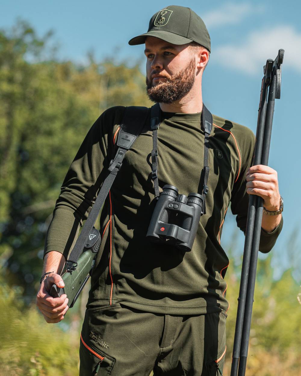 Forest Green Coloued Deerhunter Chamois Long Sleeve T-Shirt on forest background
