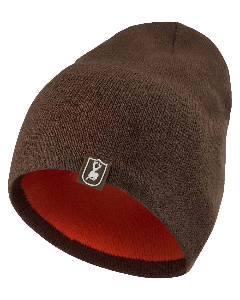 Orange Green coloured Deerhunter Cumberland Reversible Beanie on white background