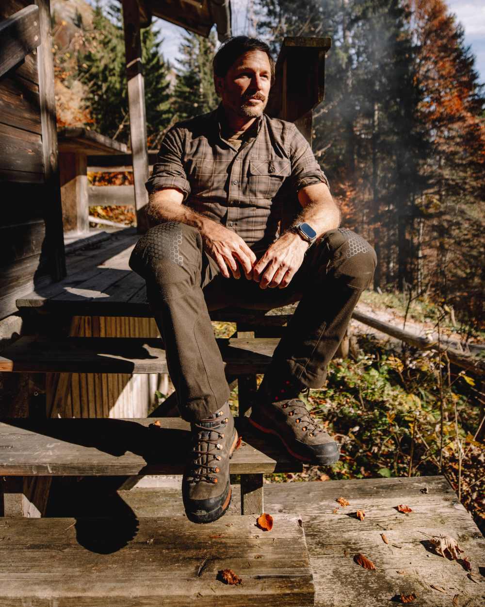 Green Check coloured Deerhunter Eric Shirt on forest background