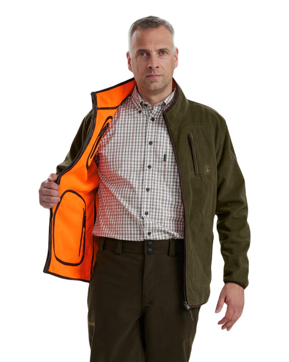 Canteen Orange coloured Deerhunter Gamekeeper Reversible Bonded Fleece Jacket on white background