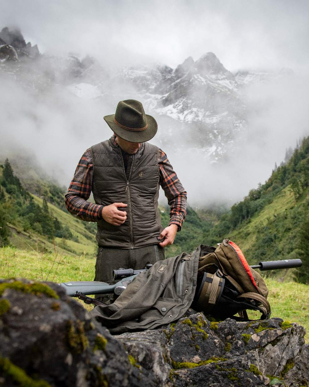 Deep Green Coloured Deerhunter Heat Inner Waistcoat on mountain background
