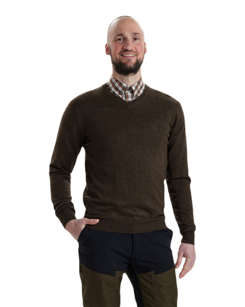 Dark Elm coloured Deerhunter Kingston Knit V-Neck Jumper On white background