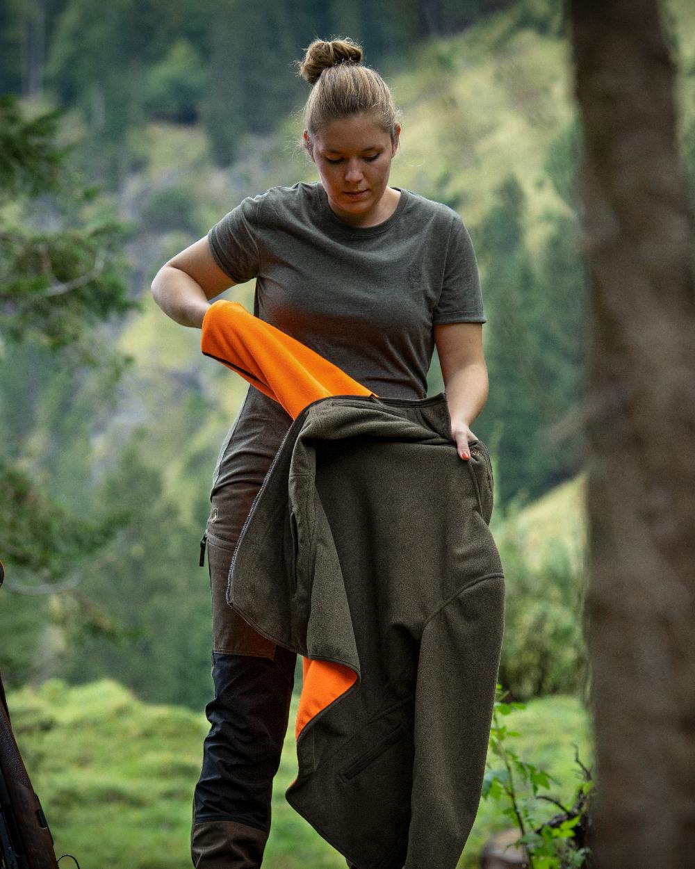 Adventure Green Melange coloured Deerhunter Ladies Basic 2-Pack T-Shirt on forest background