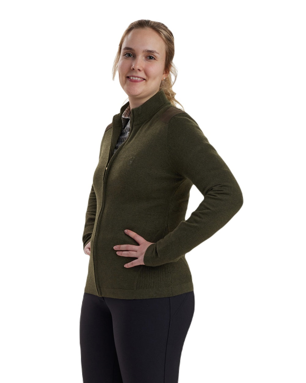 Green Melange coloured Deerhunter Lady Darlington Full Zip Cardigan on white background