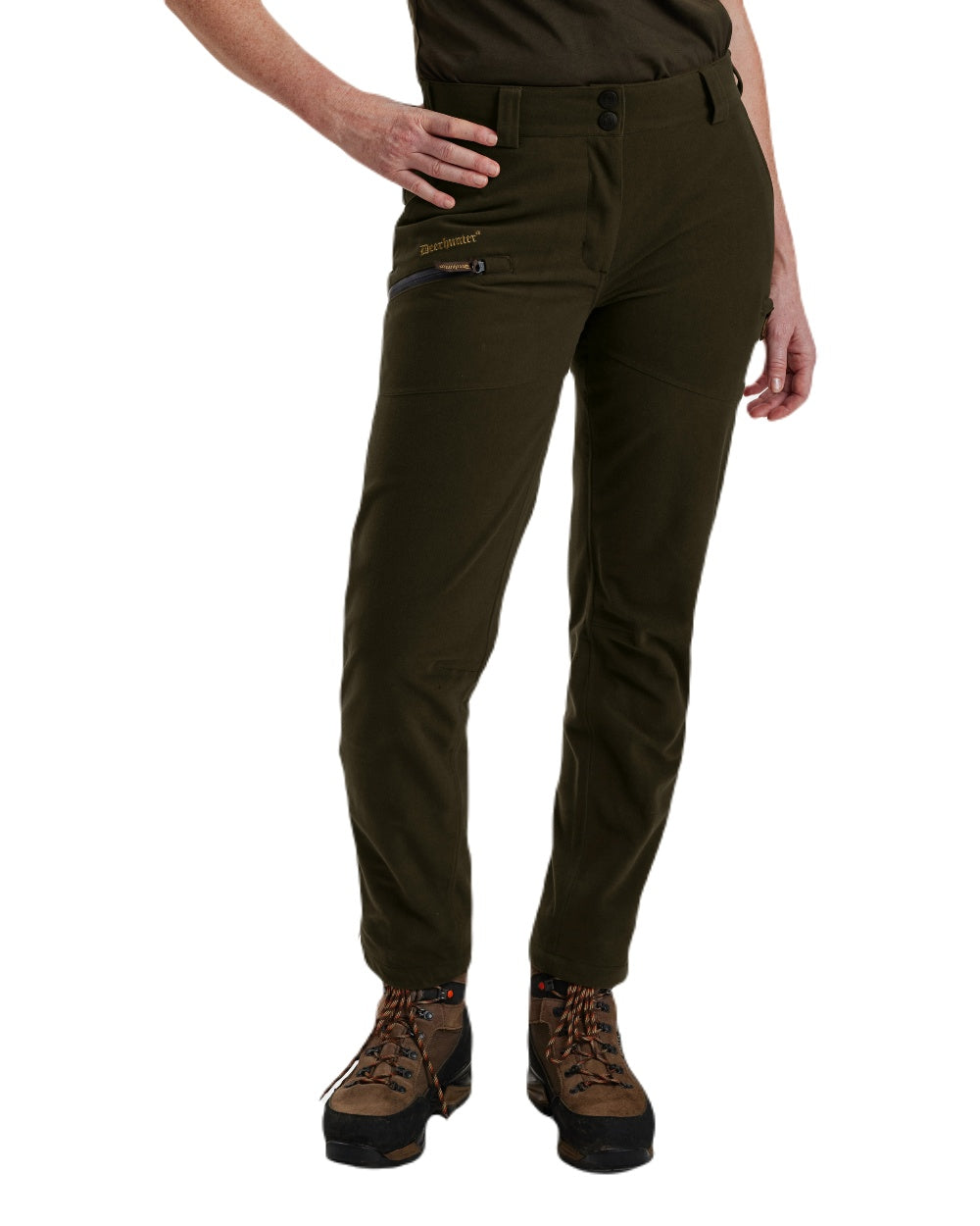 Peat coloured Deerhunter Lady Gabby Waterproof Boot Trousers on white background