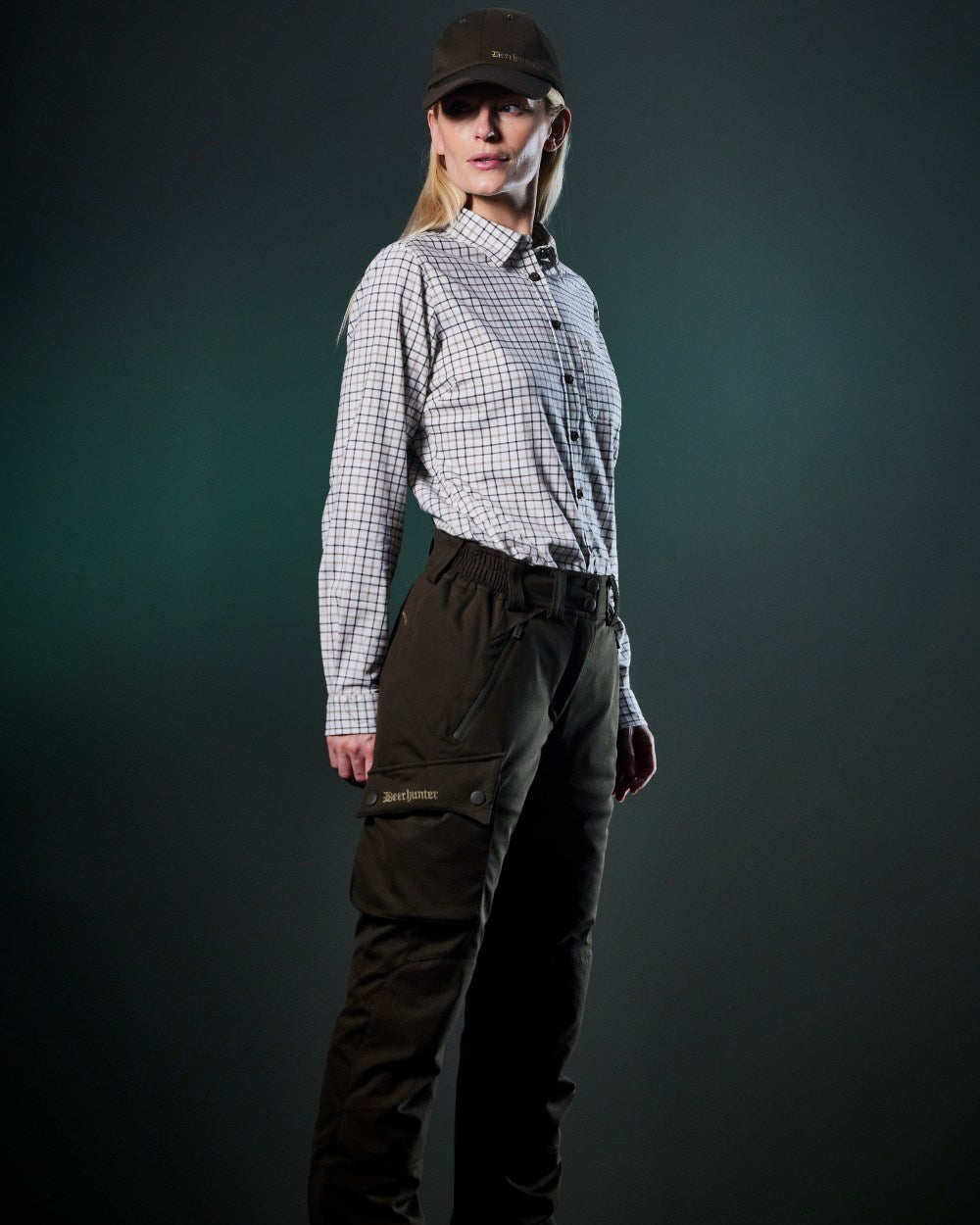 Beige Check coloured Deerhunter Lady Grace Shirt on dark background