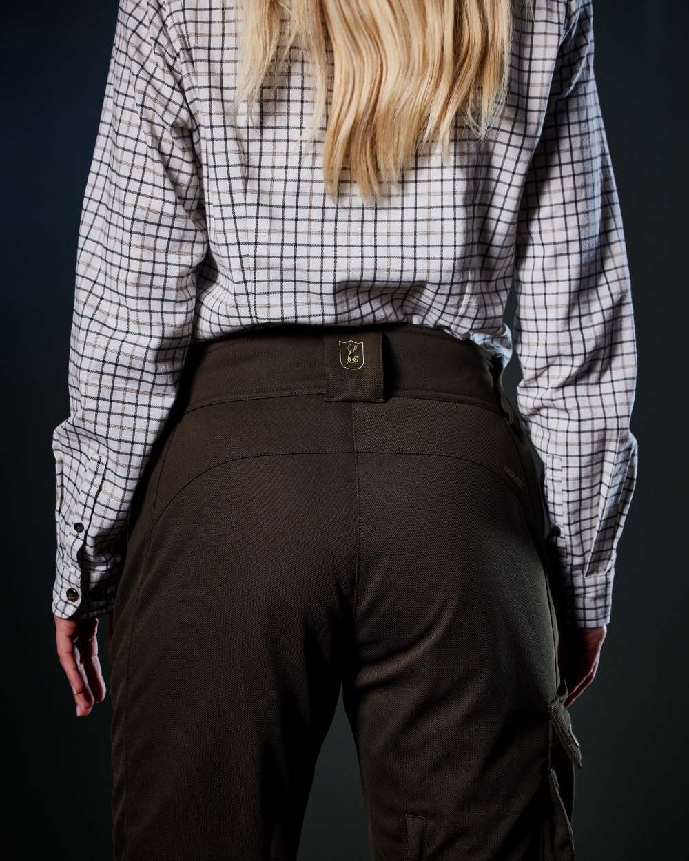 Beige Check coloured Deerhunter Lady Grace Shirt on dark background