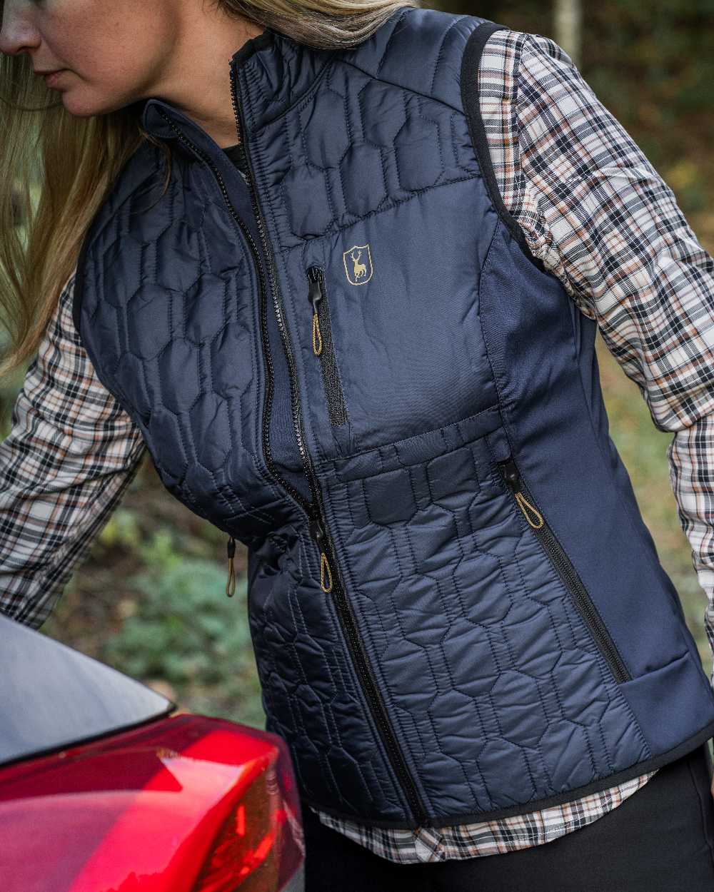 Blue Check coloured Deerhunter Lady Julia Shirt on blurry background