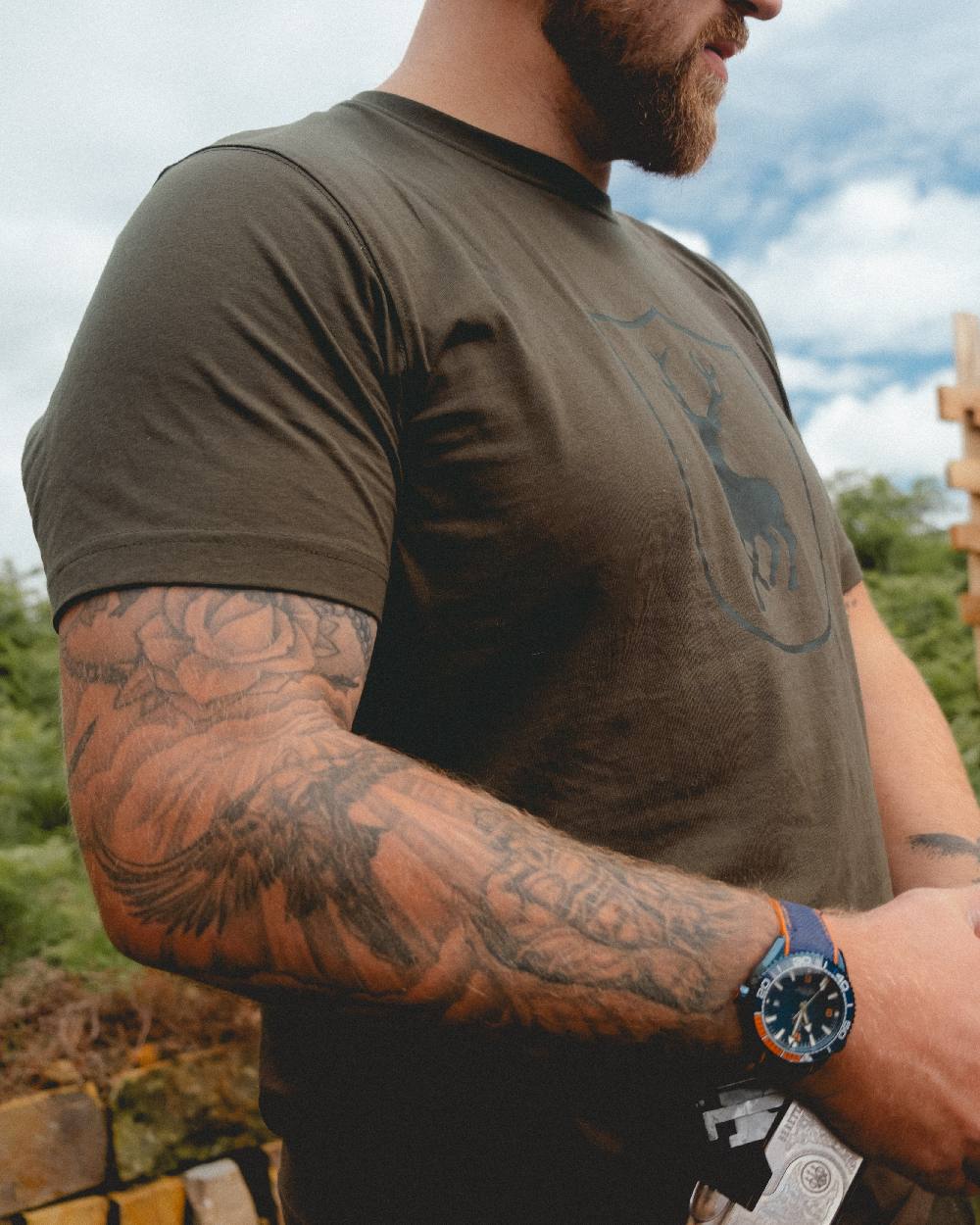 Fallen Leaf coloured Deerhunter Logo T-Shirt on sky background