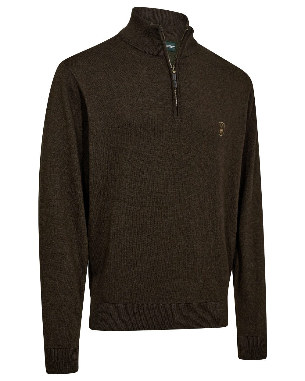 Brown Melange coloured Deerhunter Mens Harrington Half Zip Knit Sweater on white background