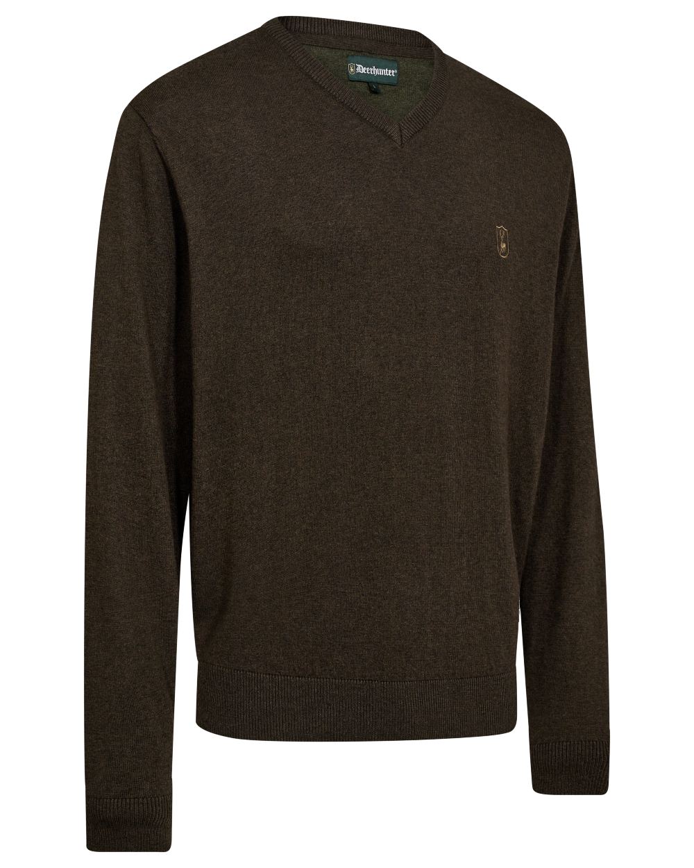 Brown Melange coloured Deerhunter Mens Harrington V-Neck Knit Pullover on white background