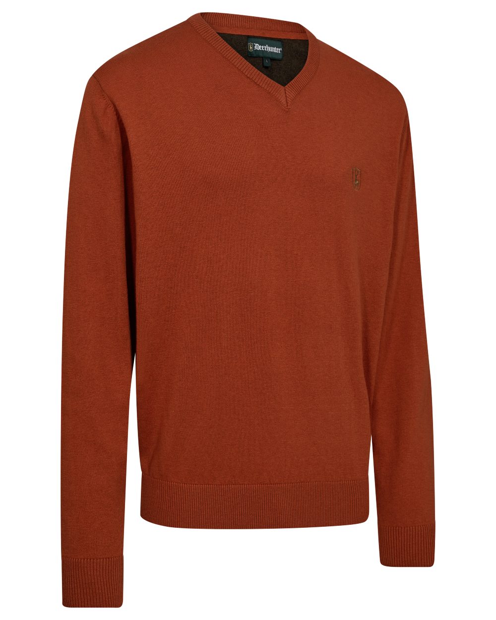Oak Rust Melange coloured Deerhunter Mens Harrington V-Neck Knit Pullover on white background