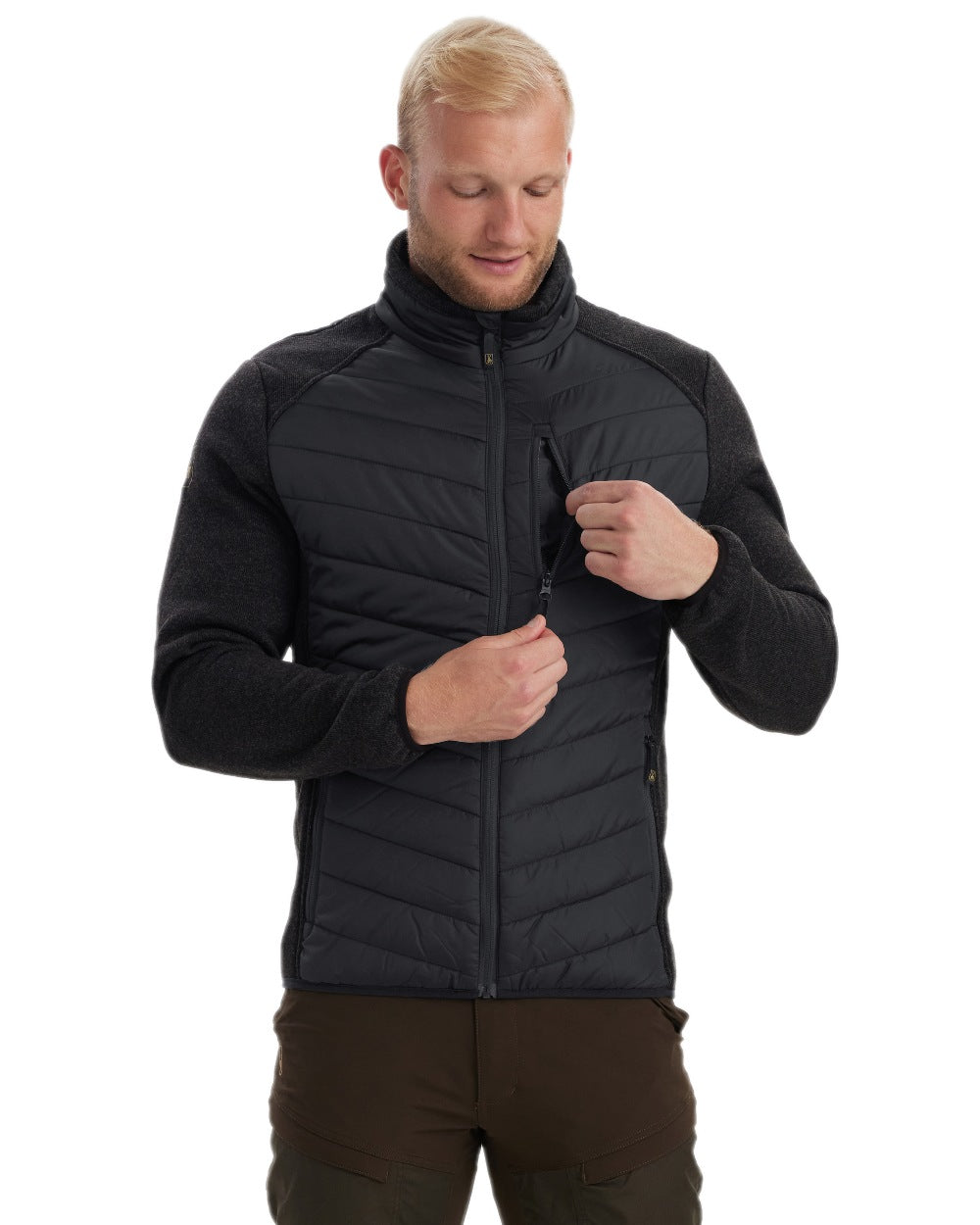 Black Coloured Deerhunter Moor Padded Jacket with Knitted Sleeves on white background