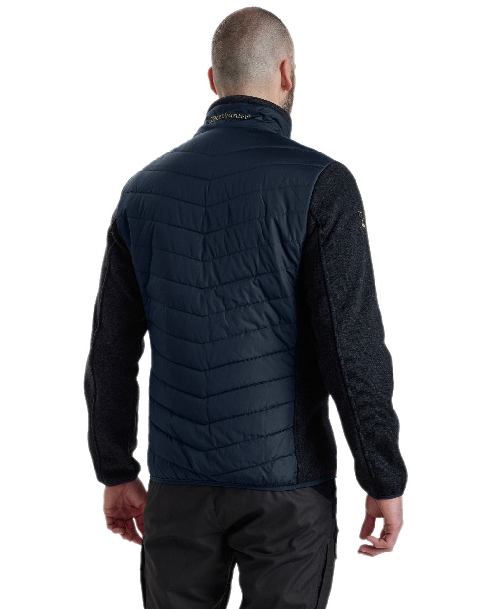 Dark Blue Coloured Deerhunter Moor Padded Jacket with Knitted Sleeves on white background