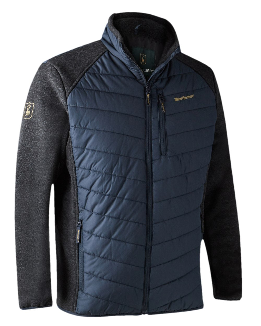 Dark Blue Coloured Deerhunter Moor Padded Jacket with Knitted Sleeves on white background