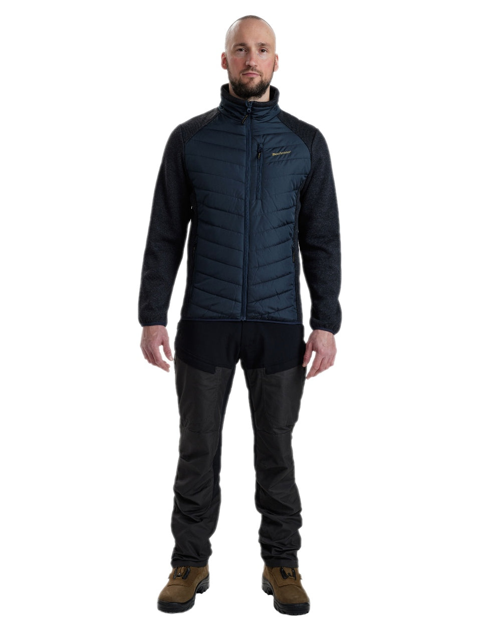 Dark Blue Coloured Deerhunter Moor Padded Jacket with Knitted Sleeves on white background