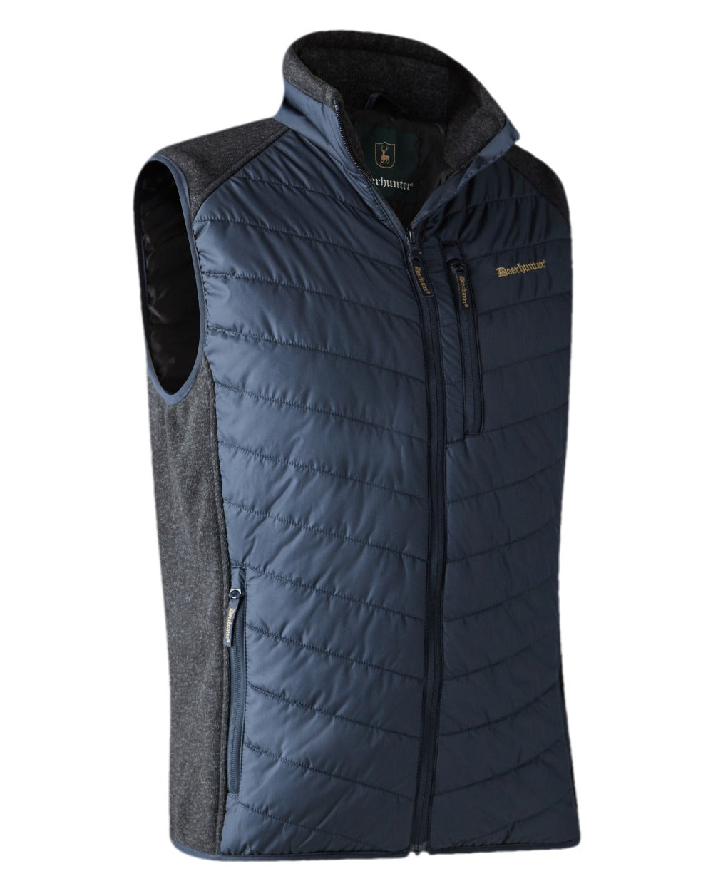 Dark Blue Coloured Deerhunter Moor Padded Waistcoat with Knit on white background