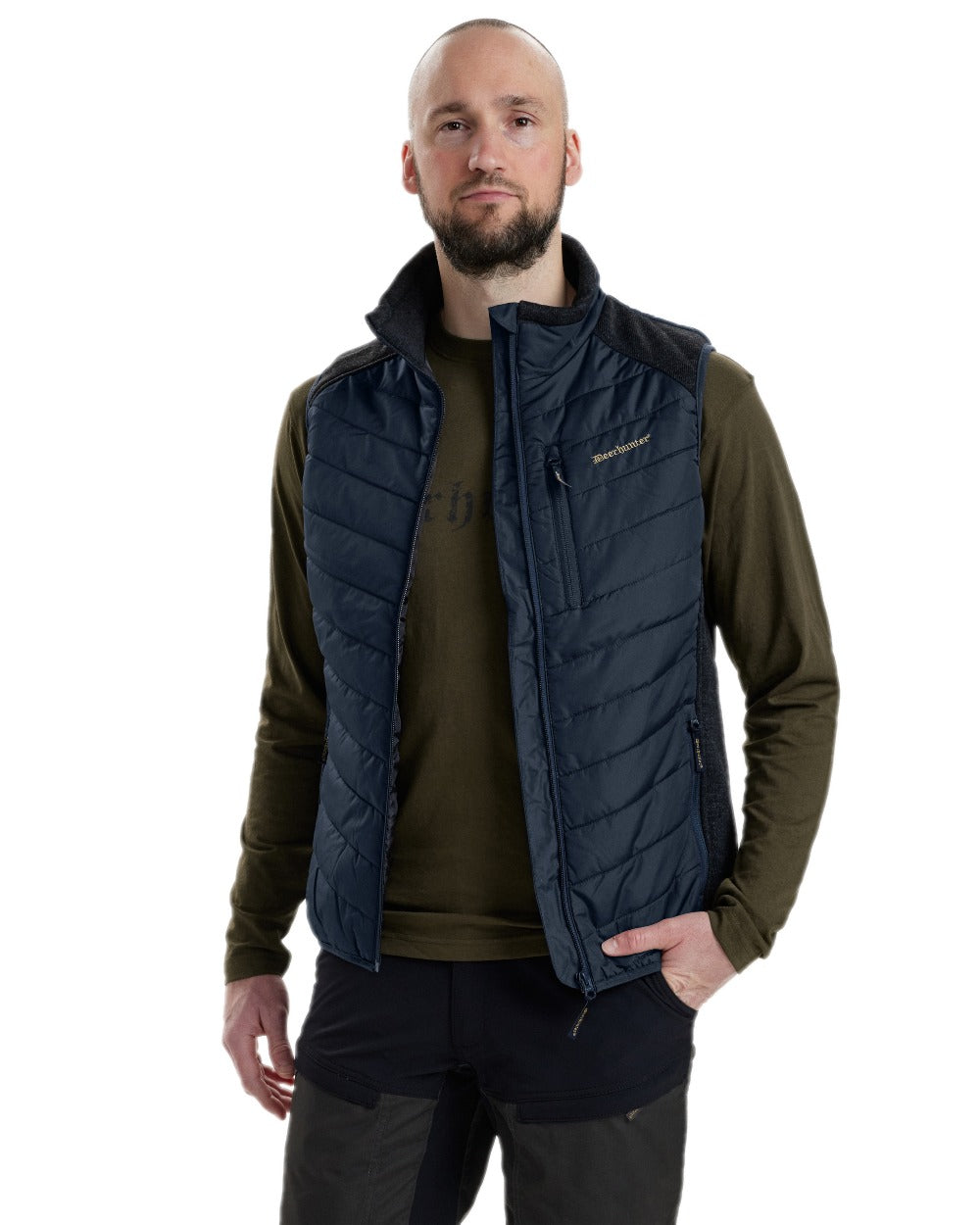 Dark Blue Coloured Deerhunter Moor Padded Waistcoat with Knit on white background