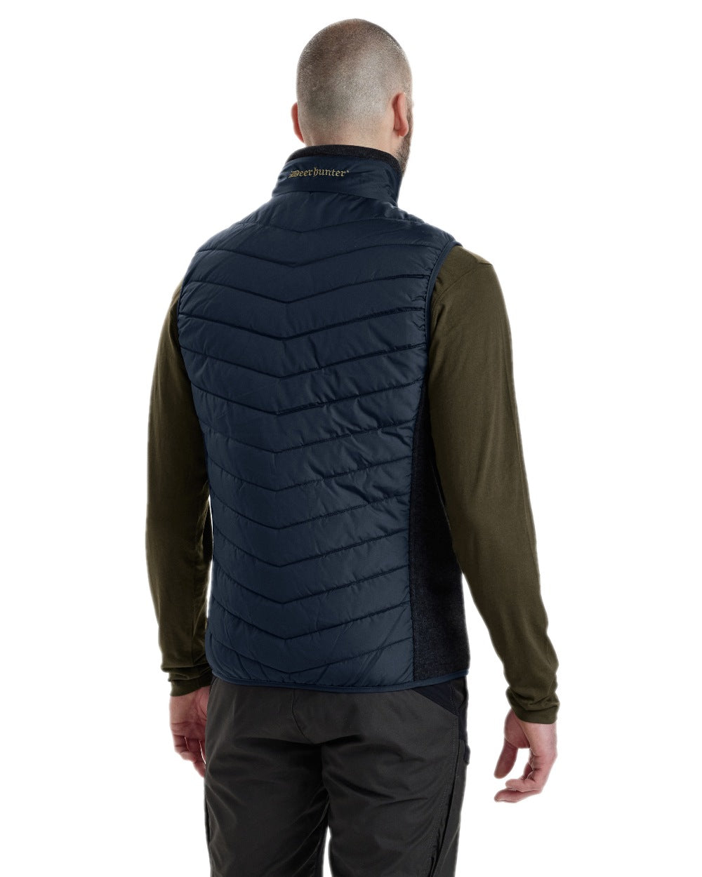 Dark Blue Coloured Deerhunter Moor Padded Waistcoat with Knit on white background