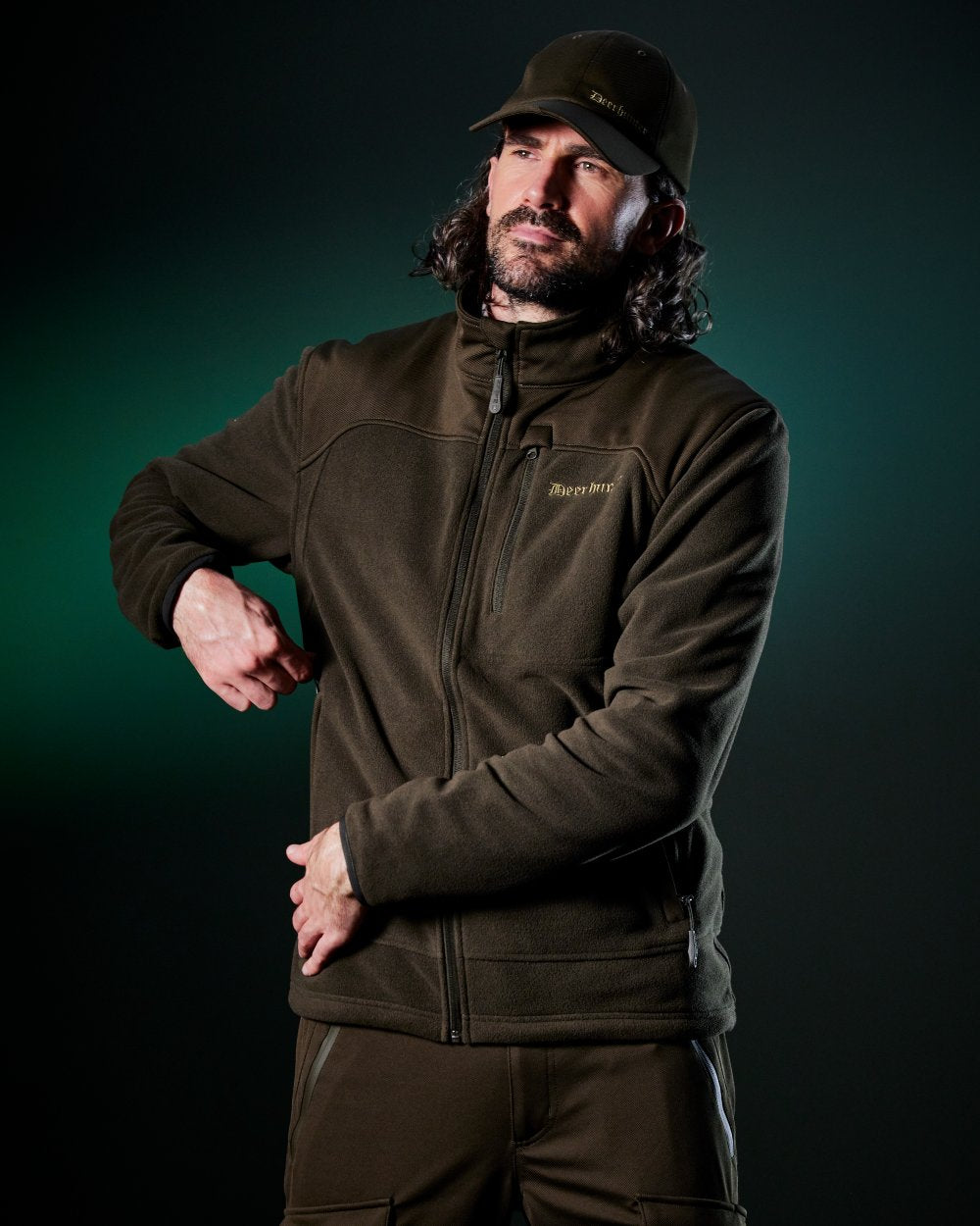 Art Green coloured Deerhunter Mens Muflon Pro Fleece Jacket on forest background