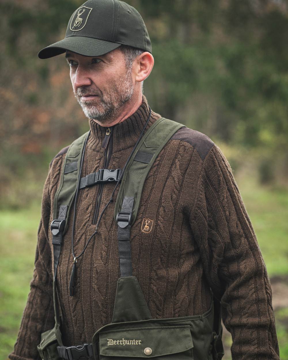 Art Green coloured Deerhunter Mens Randall Half Zip Knit Sweater on forest background