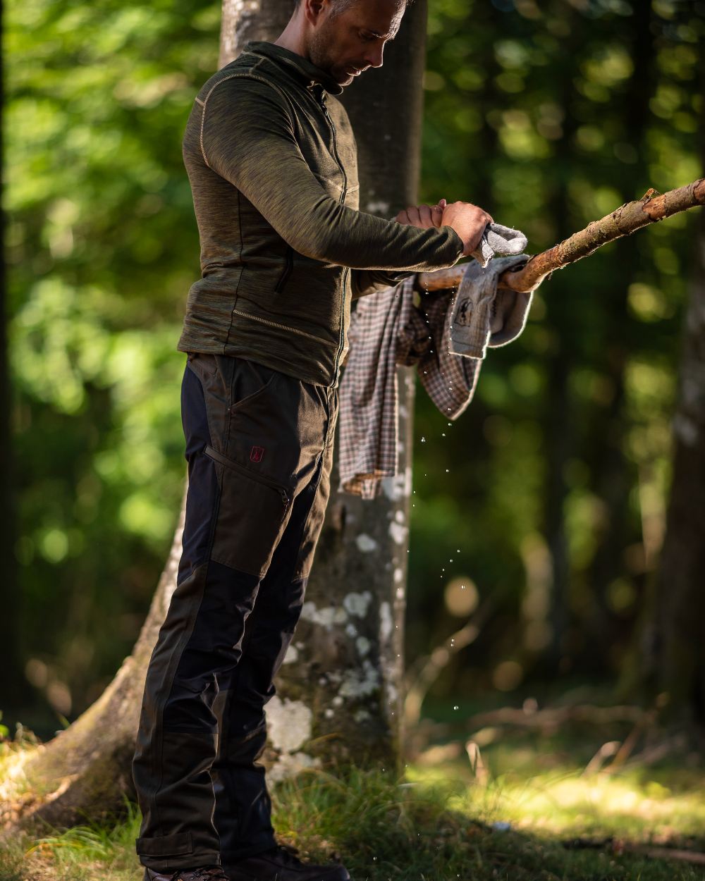 Adventure Green Coloured Deerhunter Rogaland Contrast Stretch Trousers on forest background