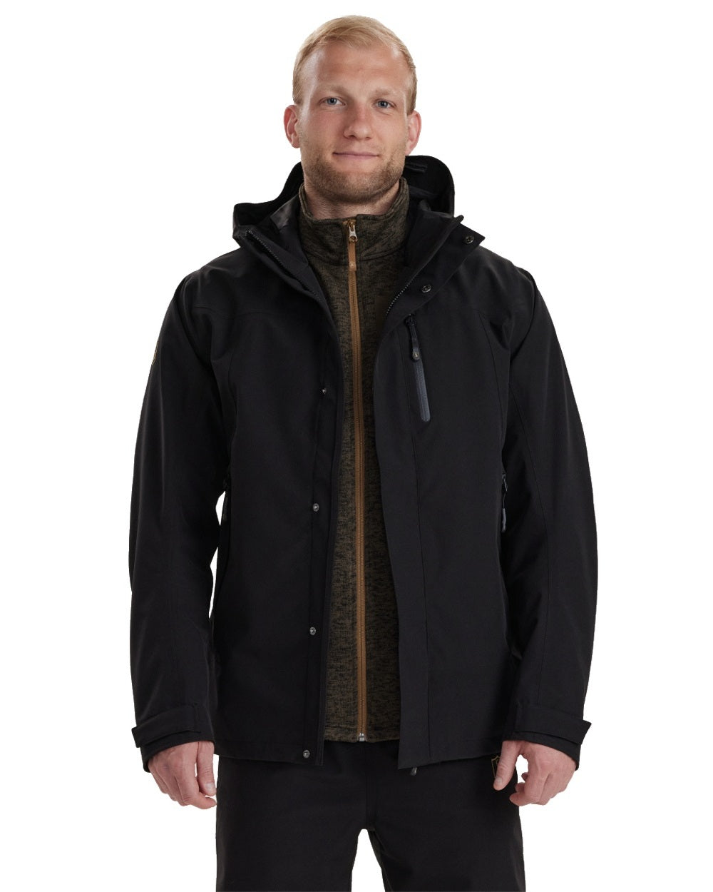 Black coloured Deerhunter Sarek Shell Jacket With Hood on white background