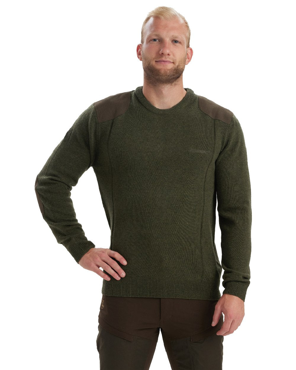 Green Melange coloured Deerhunter Sheffield O-Neck Sweater on white background