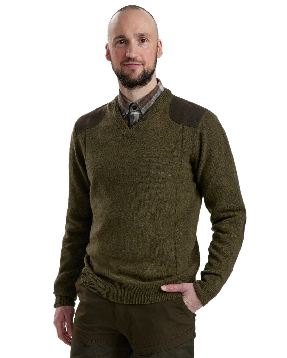 Cypress coloured Deerhunter Sheffield V-Neck Sweater on white background