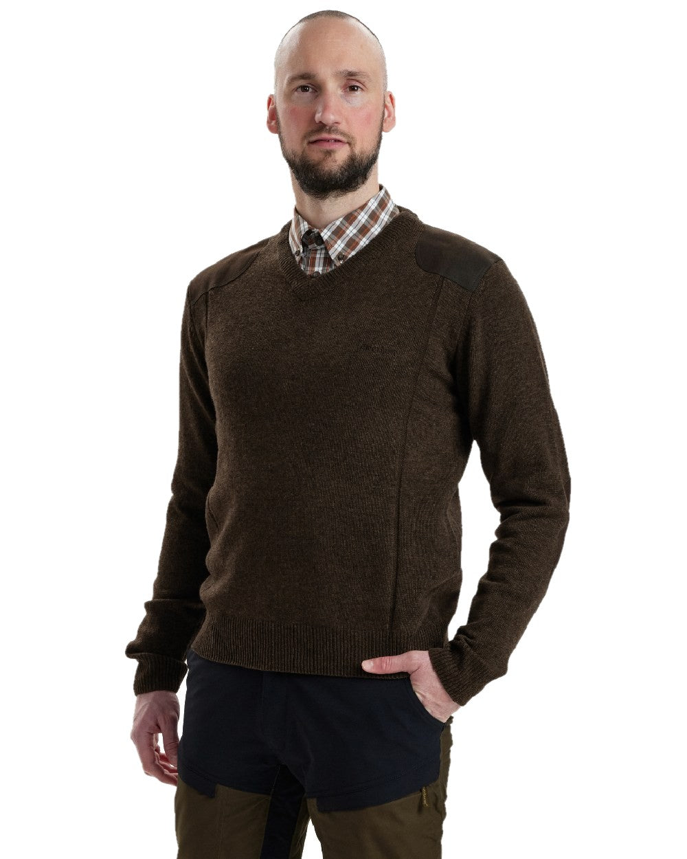 Dark Elm coloured Deerhunter Sheffield V-Neck Sweater on white background