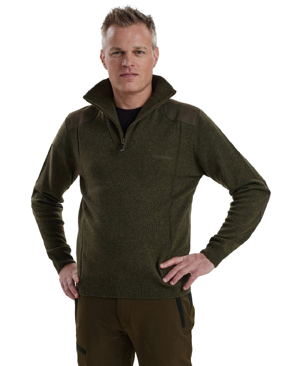Green Melange coloured Deerhunter Sheffield Zip Neck Sweater on white background