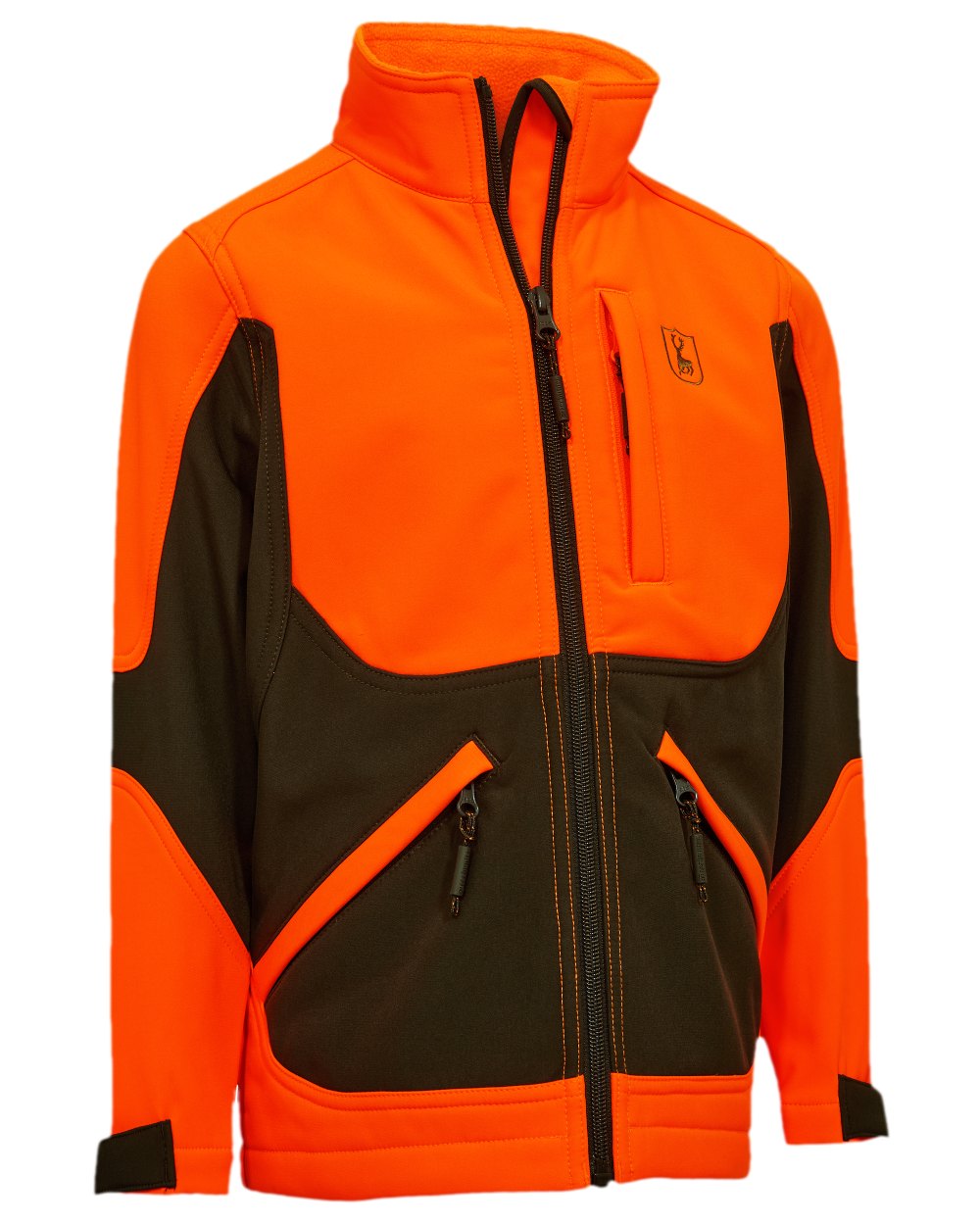 Safety Orange Coloured Deerhunter Youth Rogaland Softshell Safety Jacket on white background