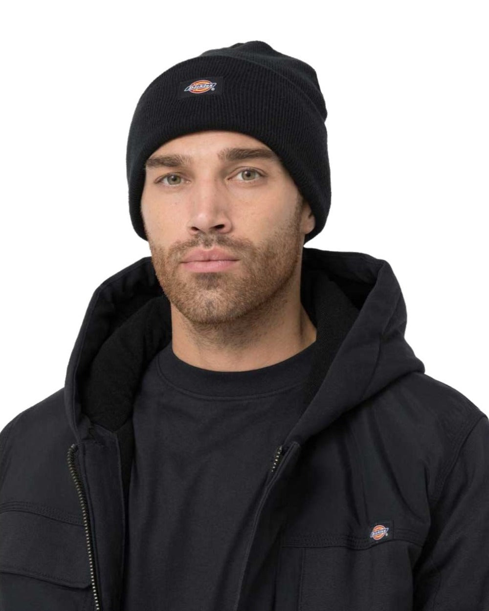 Black coloured Dickies Acrylic Cuffed Beanie on white background