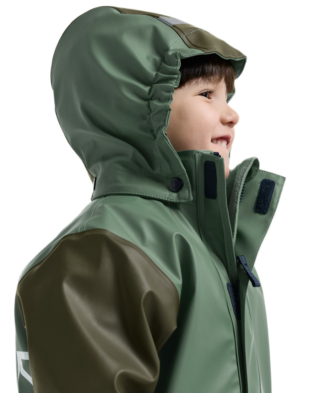 Dark Moss coloured Didriksons Boardman Kids Rain Set on white background
