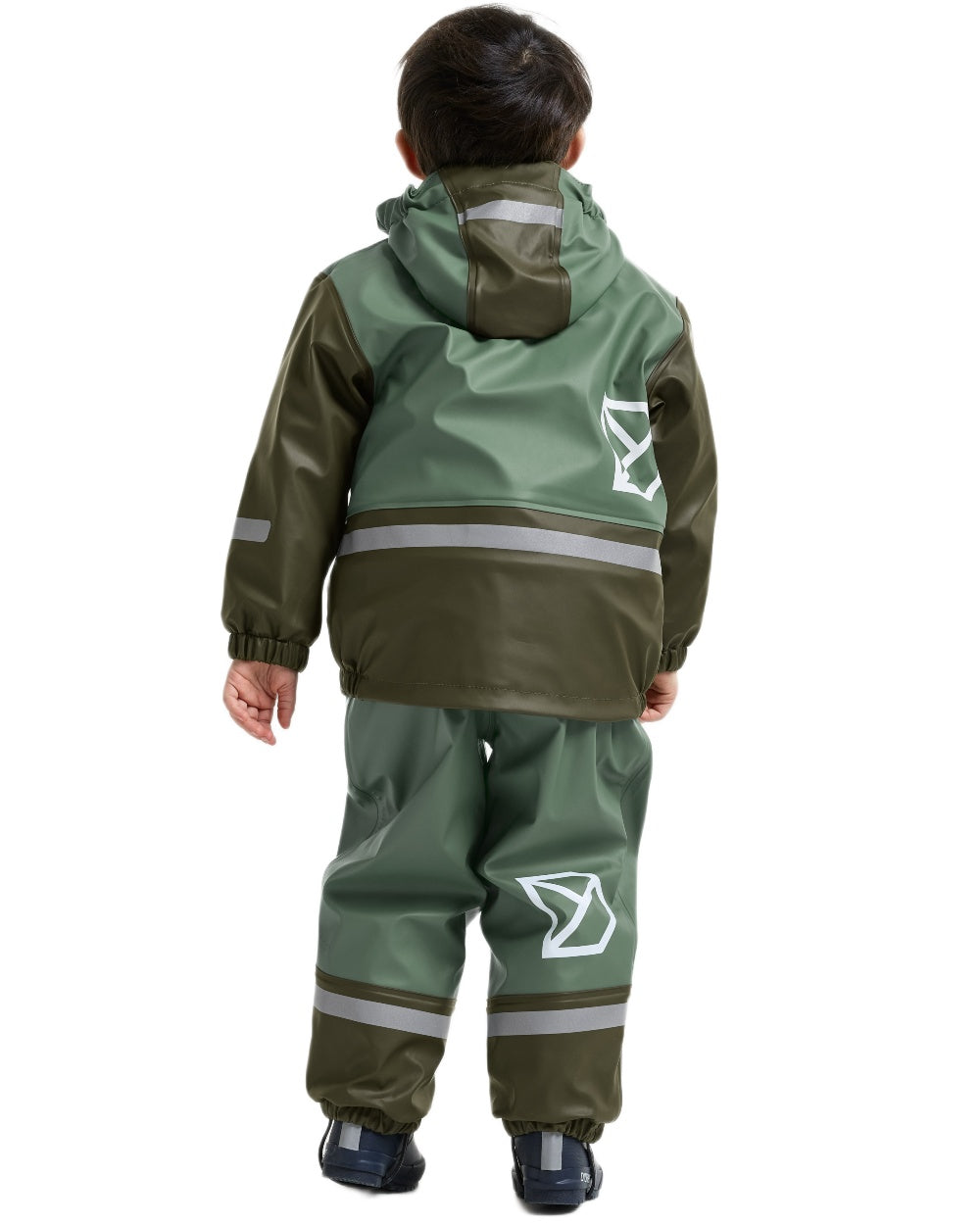 Dark Moss coloured Didriksons Boardman Kids Rain Set on white background
