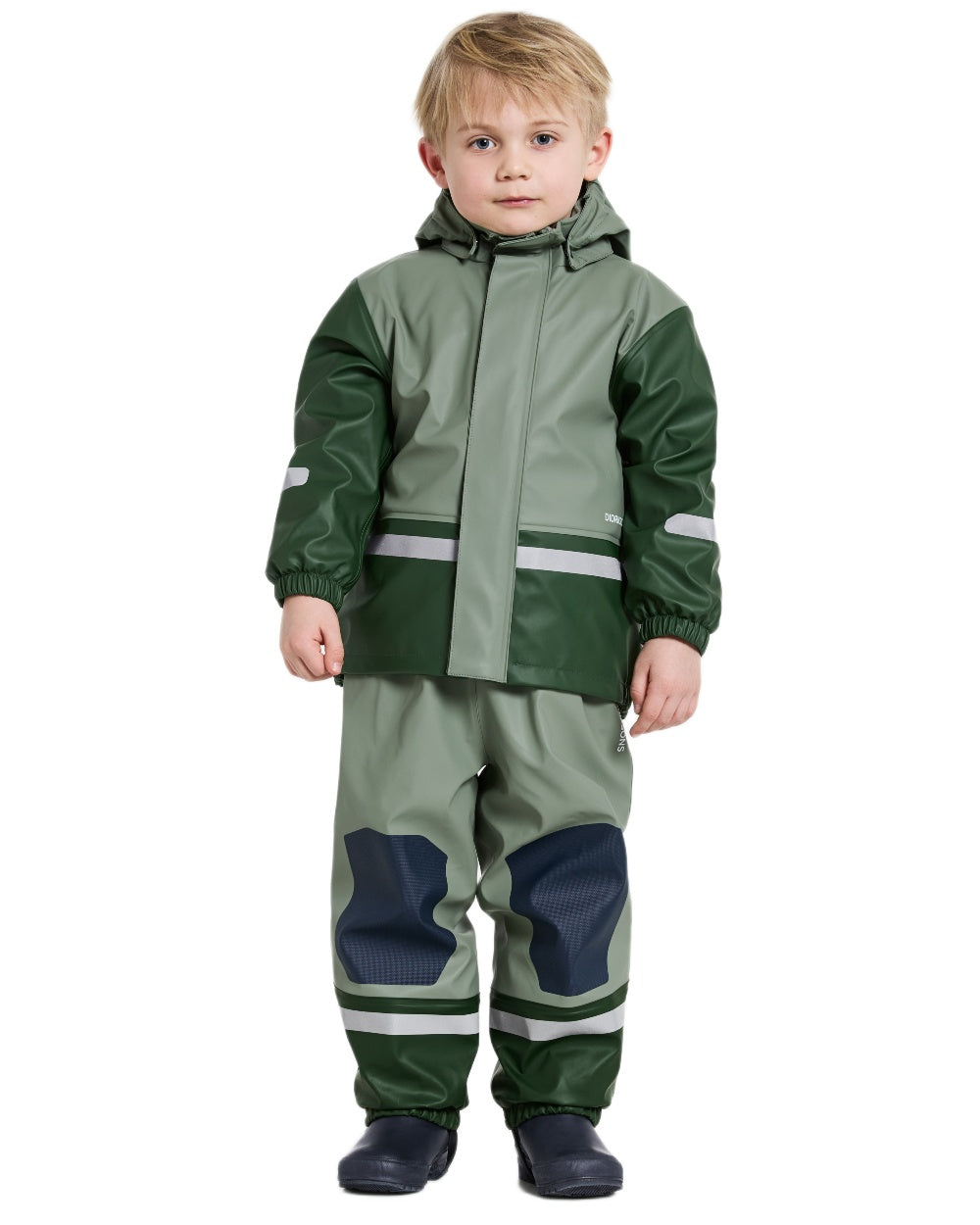 Light Moss coloured Didriksons Boardman Kids Rain Set on white background
