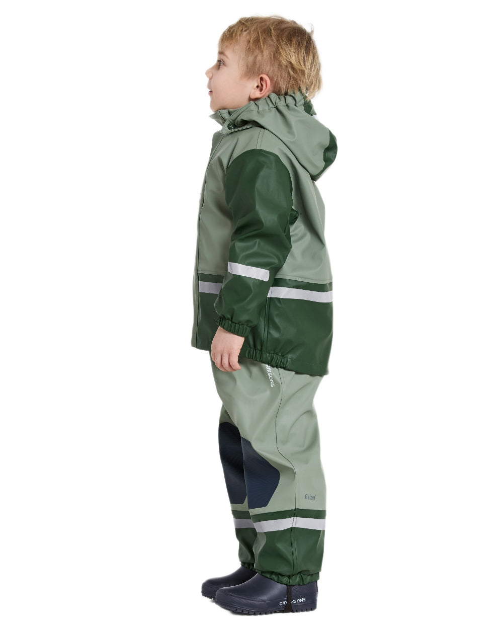 Light Moss coloured Didriksons Boardman Kids Rain Set on white background