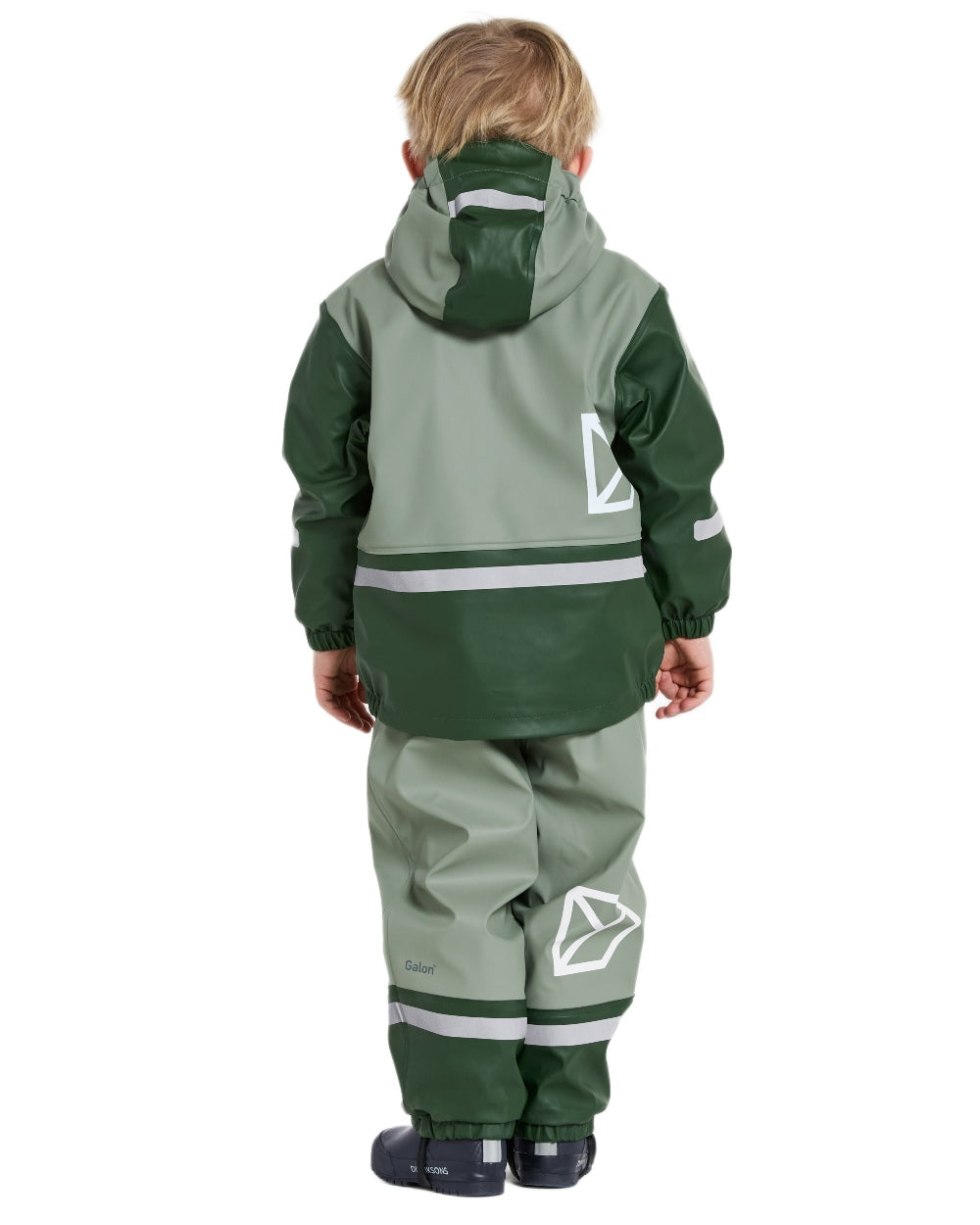 Light Moss coloured Didriksons Boardman Kids Rain Set on white background