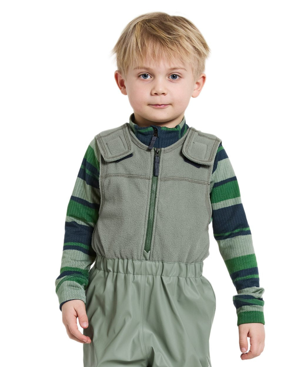 Light Moss coloured Didriksons Boardman Kids Rain Set on white background