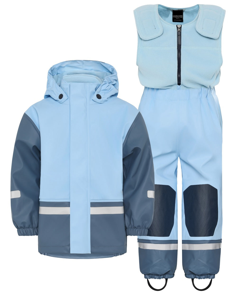 Light Sea Blue coloured Didriksons Boardman Kids Rain Set on white background