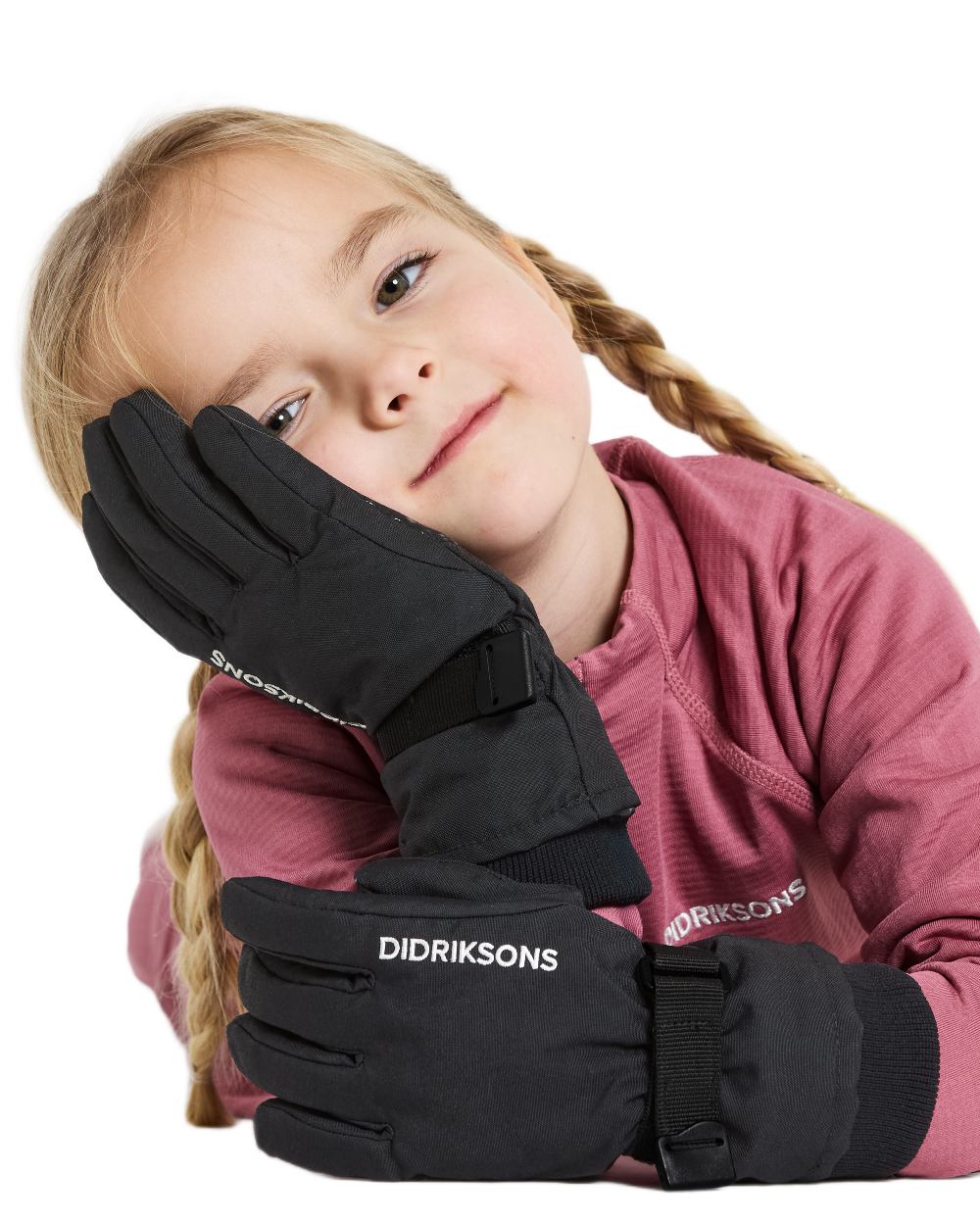 Black coloured Didriksons Childrens Biggles Gloves on white background