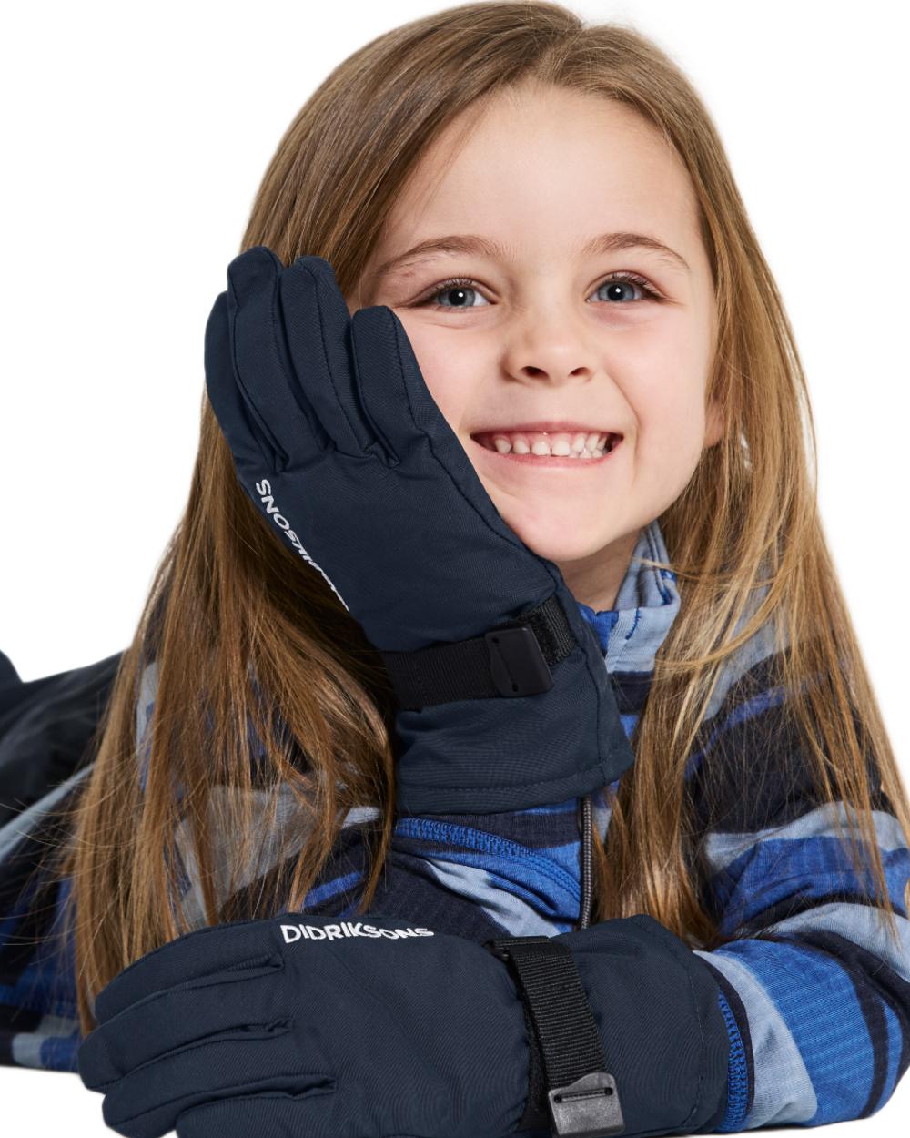 Navy coloured Didriksons Childrens Biggles Gloves on white background