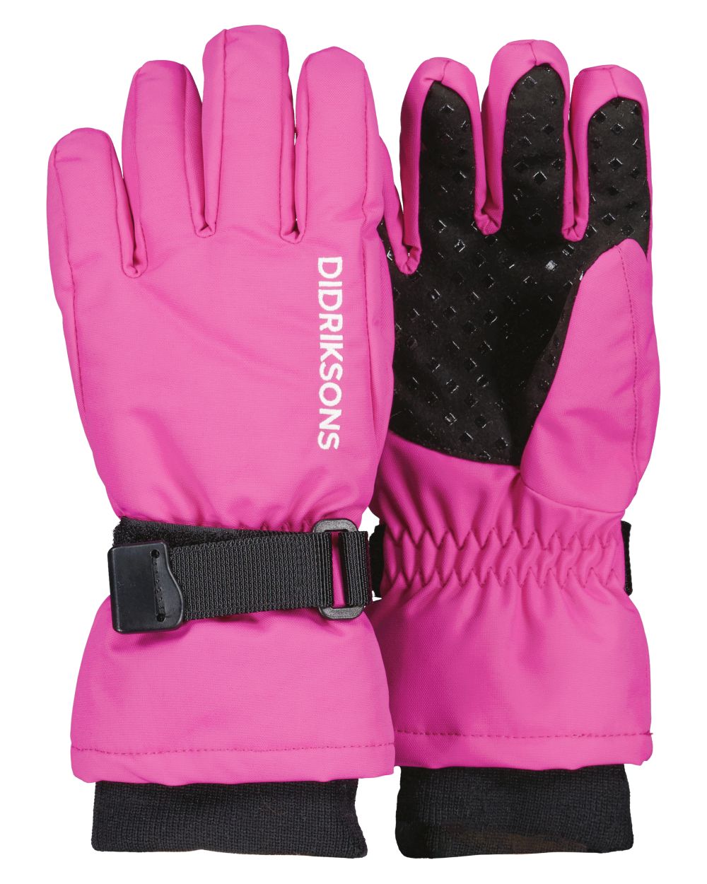 Plastic Pink coloured Didriksons Childrens Biggles Gloves on white background