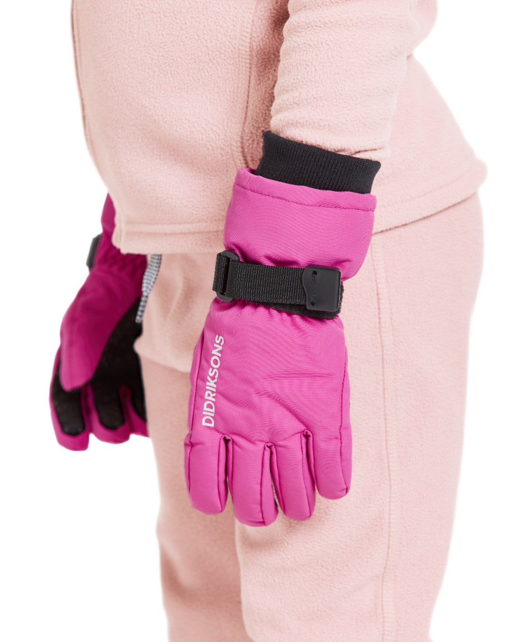 Plastic Pink coloured Didriksons Childrens Biggles Gloves on white background